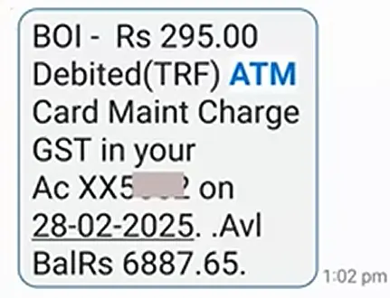 bank of india atm maintenance charges
