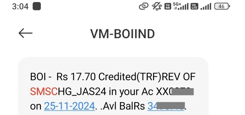 bank of india trf sms charges
